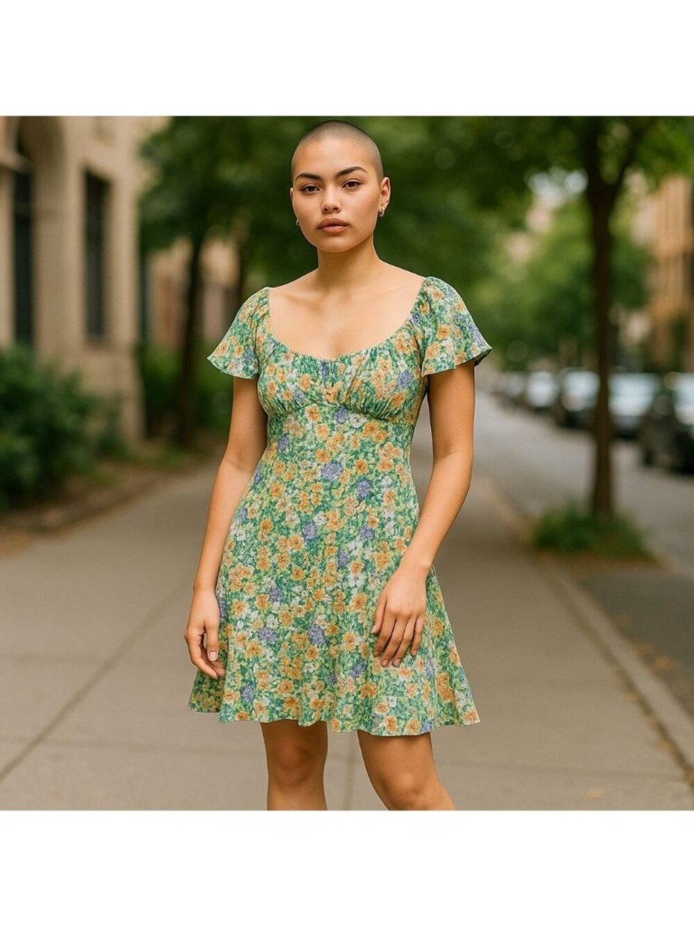 I.N. San Francisco Dress  XL Green Floral Print Flutter Sleeve  Peasant Milkmaid